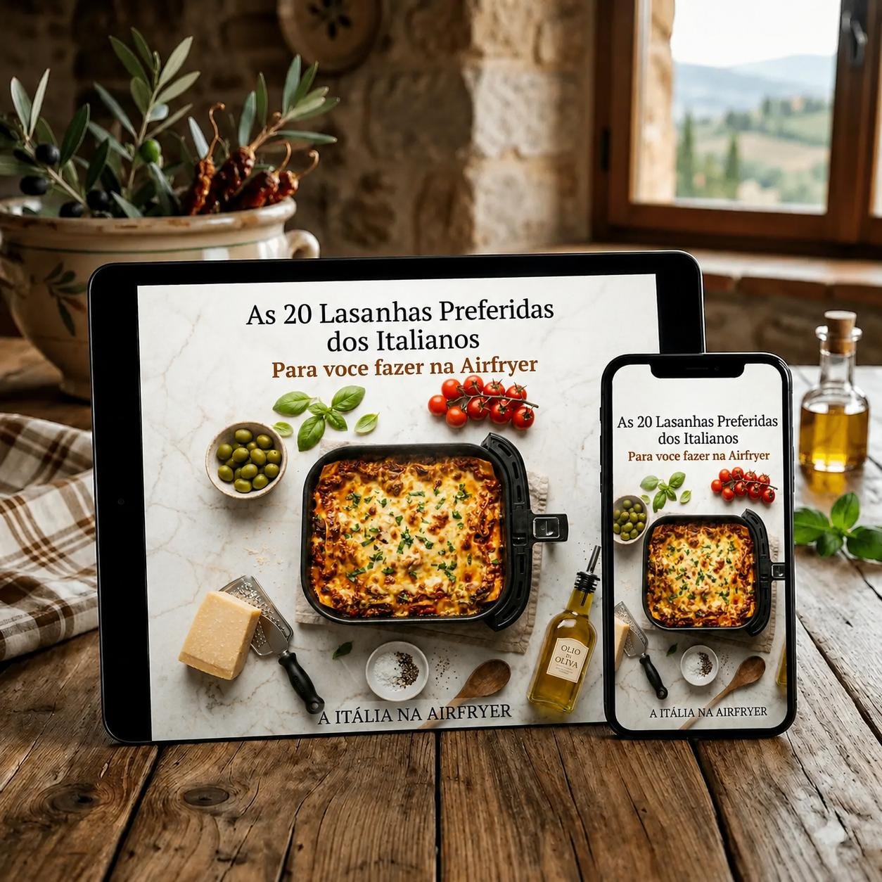 Mockup do Livro Digital A Itália na Air Fryer em tablet, smartphone e livro impresso