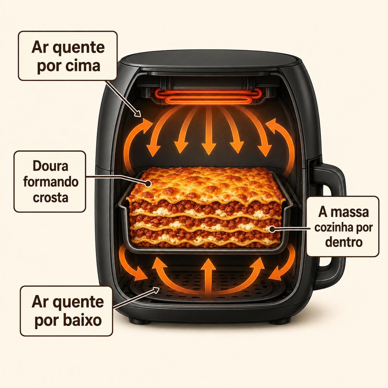 Esquema visual: corte lateral da lasanha dentro do cesto da airfryer, com setas mostrando o ar quente circulando por cima e por baixo das camadas